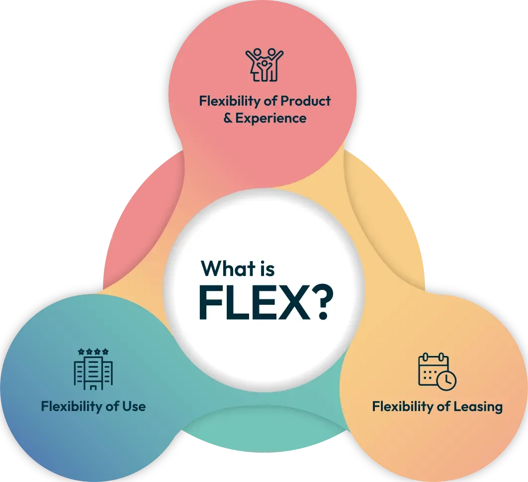 chart Three overlapping circles around the question what is flex: flexibility of product and experience, flexibility of use, and flexibility of leasing.