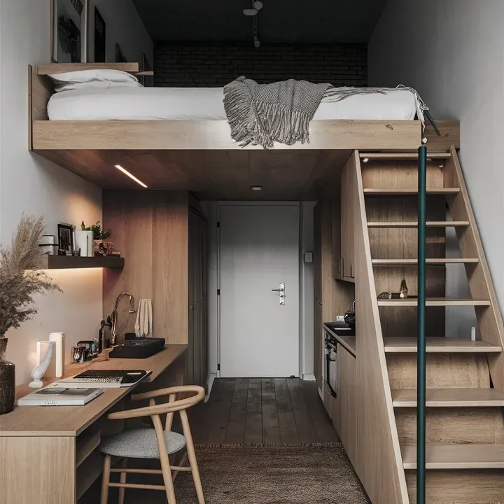 A compact modern student micro-studio in warm oak joinery, with a loft bed over a built-in desk and kitchenette, and a stair leading up to it.