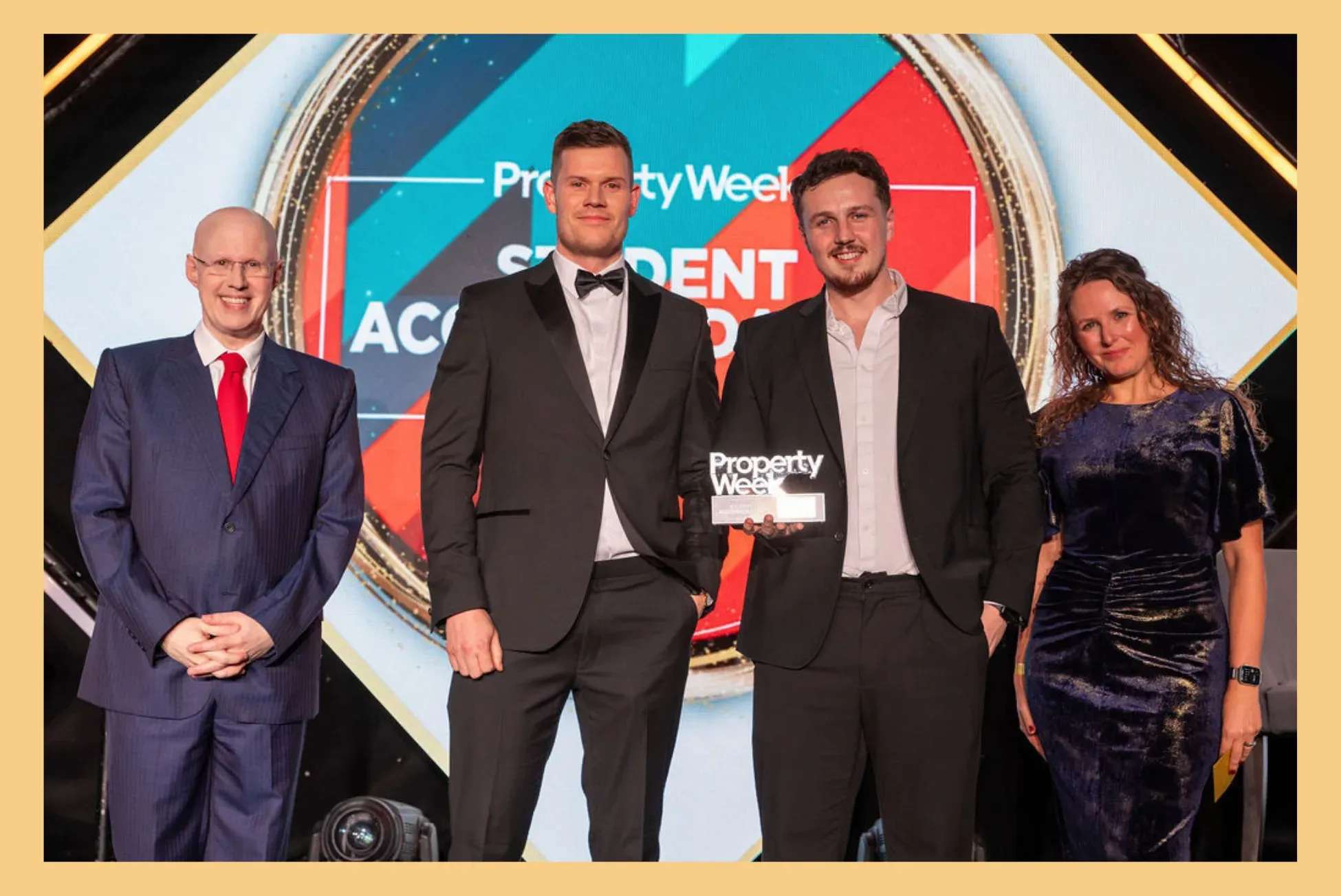 The same four winners on stage at the Property Week Student Accommodation Awards, set in a gold frame.