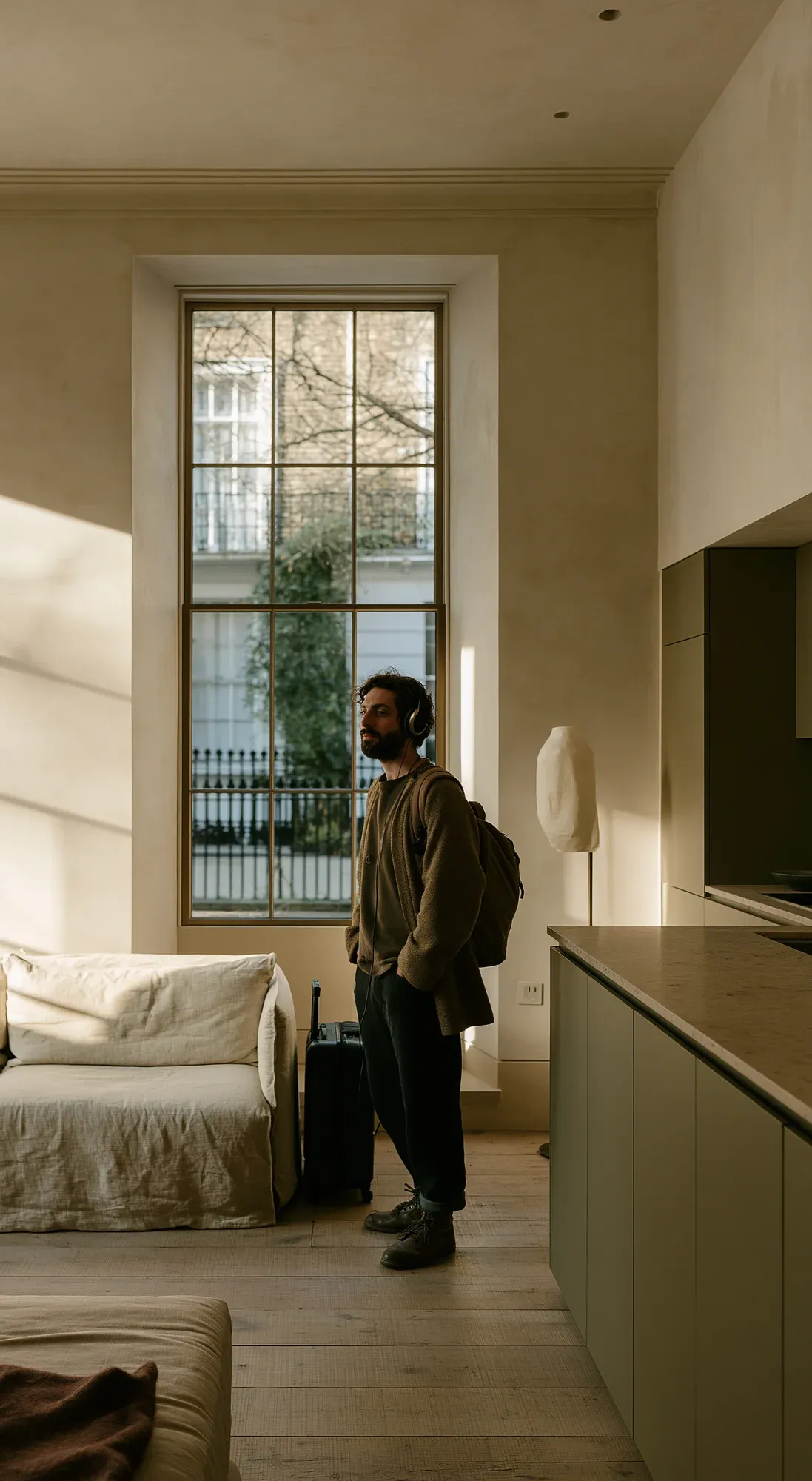 A person with a backpack and headphones standing in a pale studio flat with a tall window, a suitcase beside the sofa.