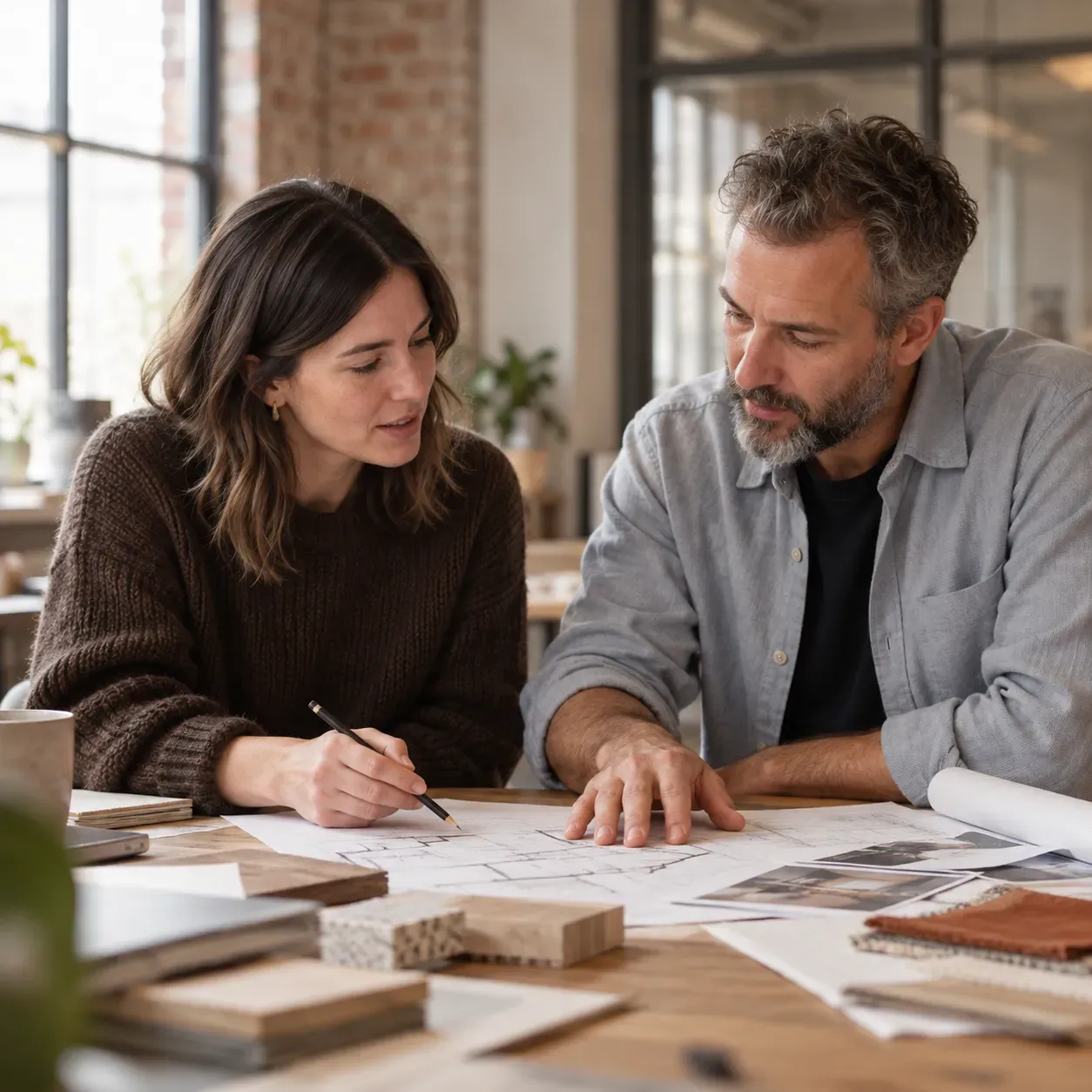 Two colleagues discussing drawings and material samples at a studio table, with soft window light behind them.