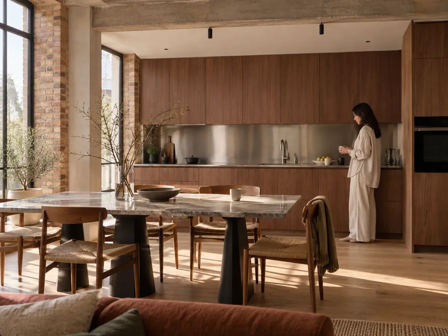A resident standing with a cup in a walnut and stainless-steel apartment kitchen, with a stone dining table in the foreground.