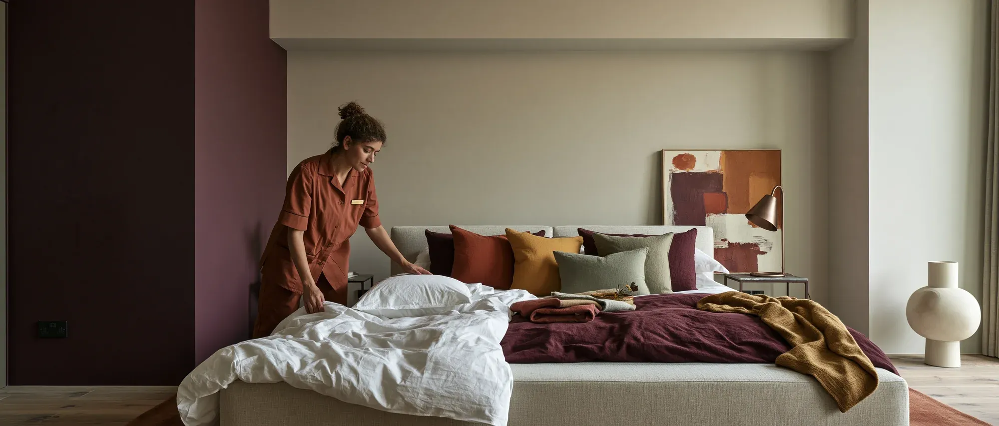 A serviced apartment bedroom with soft daylight.