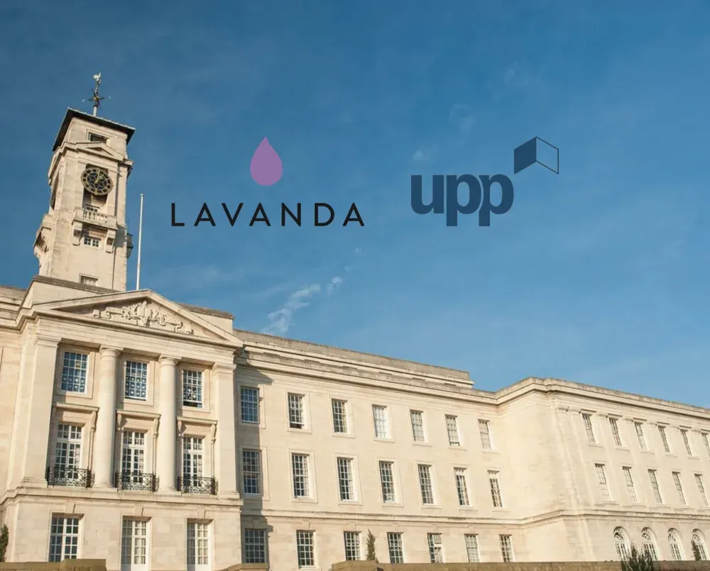 A neoclassical university building with a clock tower against a clear blue sky, beneath the Lavanda and UPP logos.