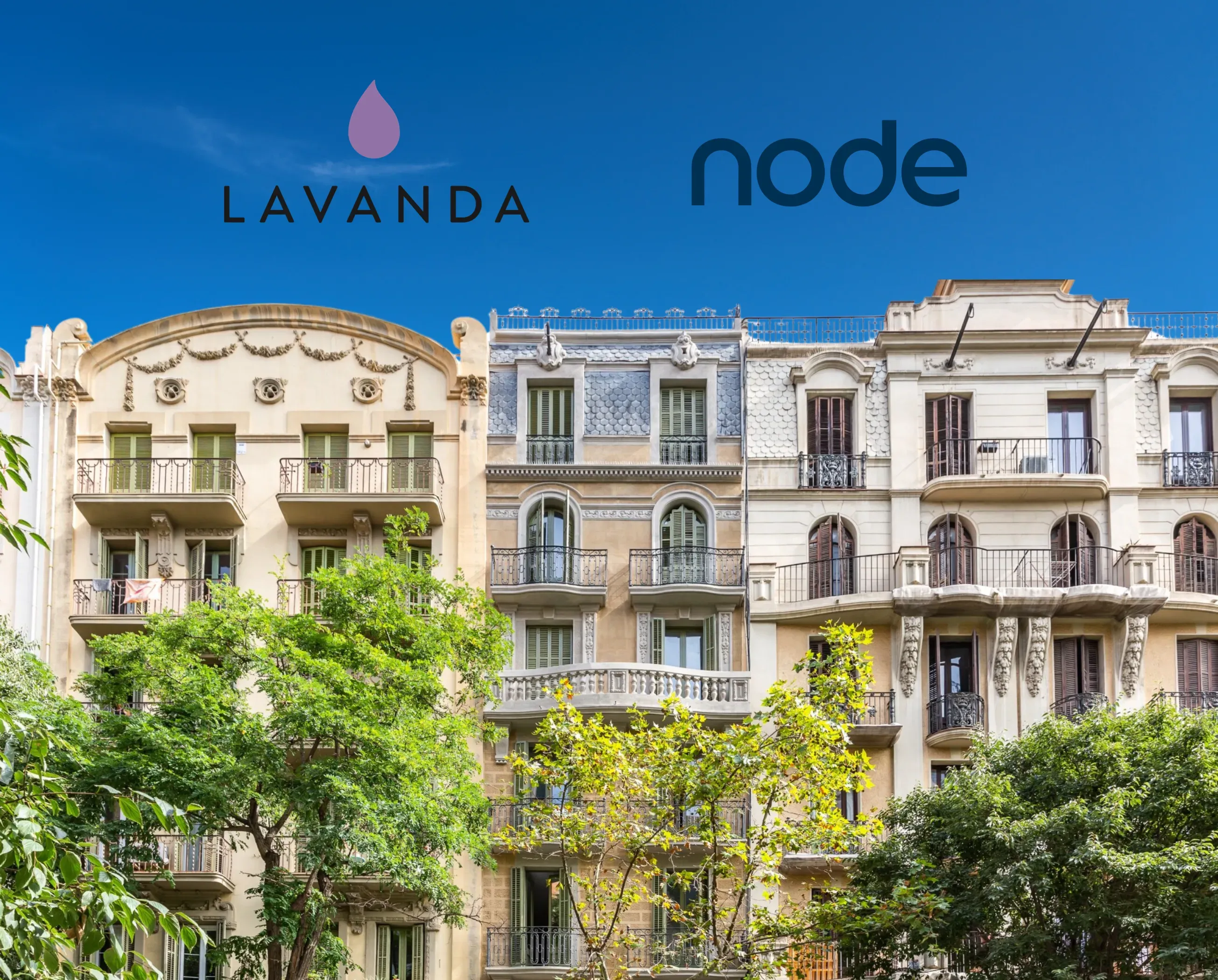 The Lavanda and Node marks above an ornate apartment building with wrought-iron balconies.