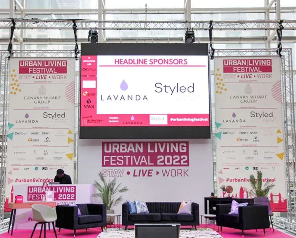 The Urban Living Festival 2022 stage, Lavanda and Styled named as headline sponsors on the screen and banners.