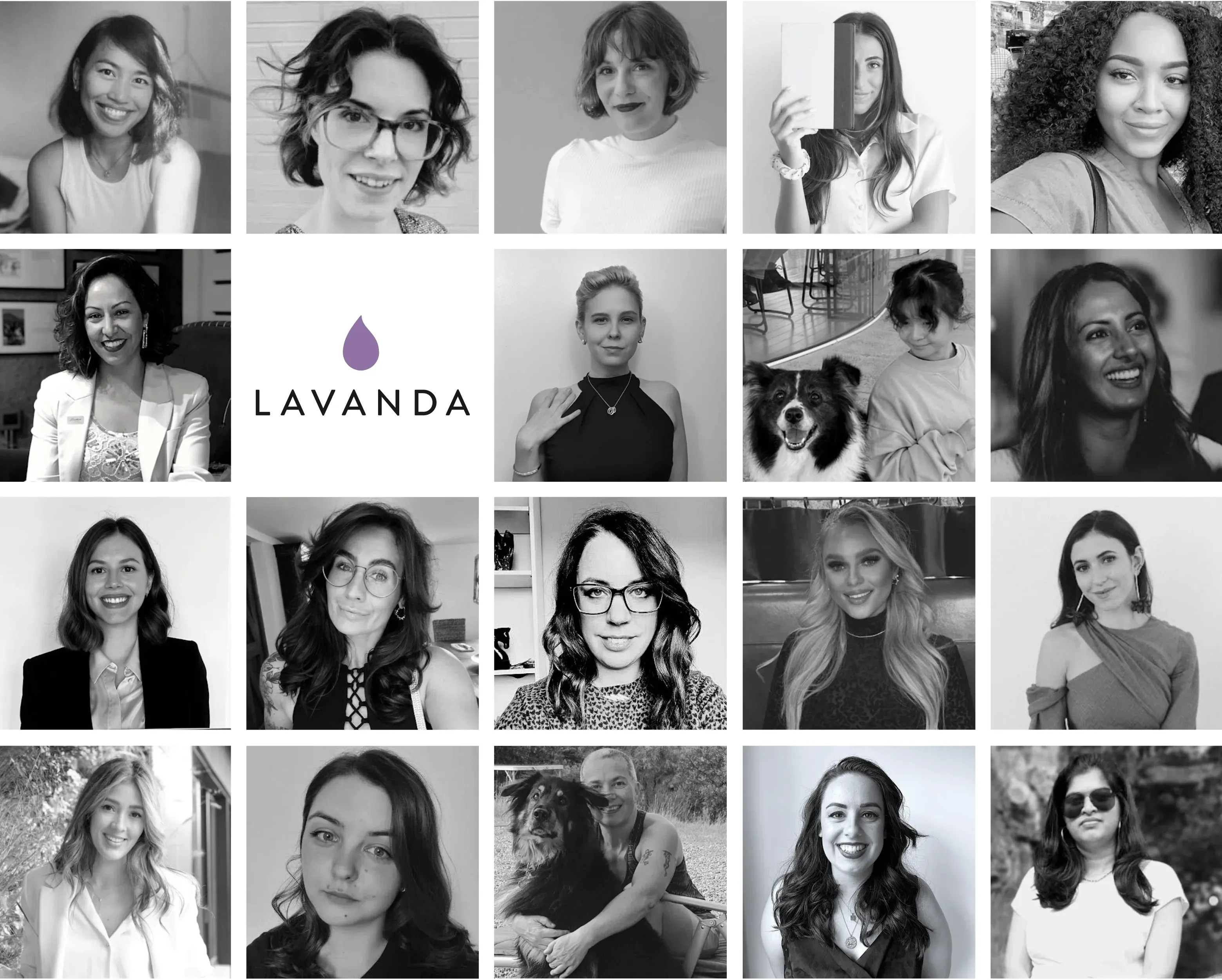 A grid of black-and-white portraits of women at Lavanda around the Lavanda wordmark.