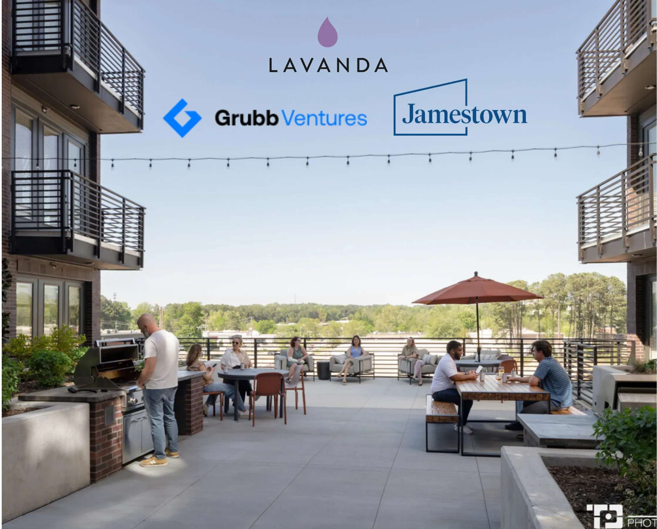The Lavanda, Grubb Ventures and Jamestown marks above a residents' roof terrace, people eating at shaded tables.