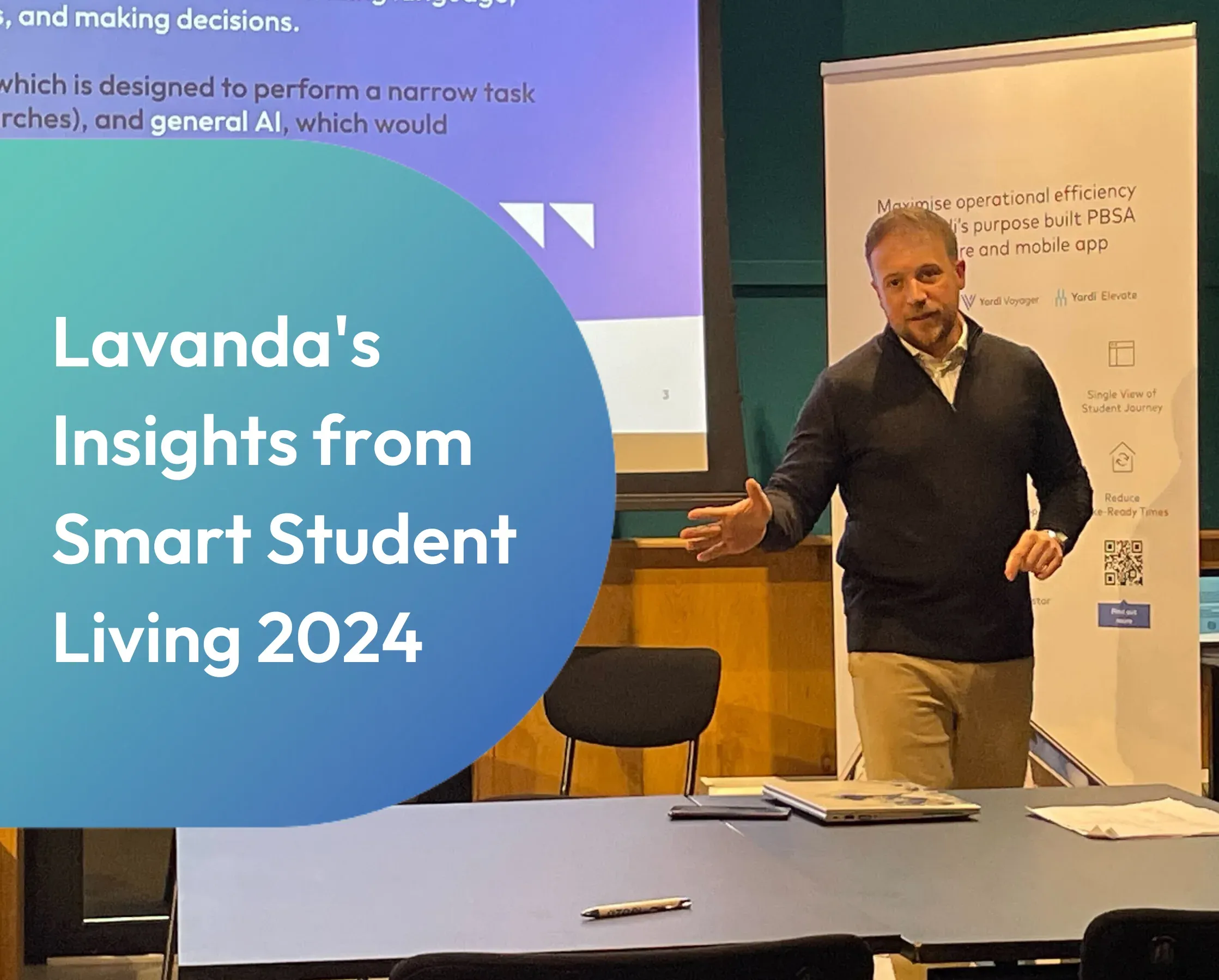 A speaker presenting beside a projected slide at Smart Student Living 2024, under the title Lavanda's insights from Smart Student Living 2024.