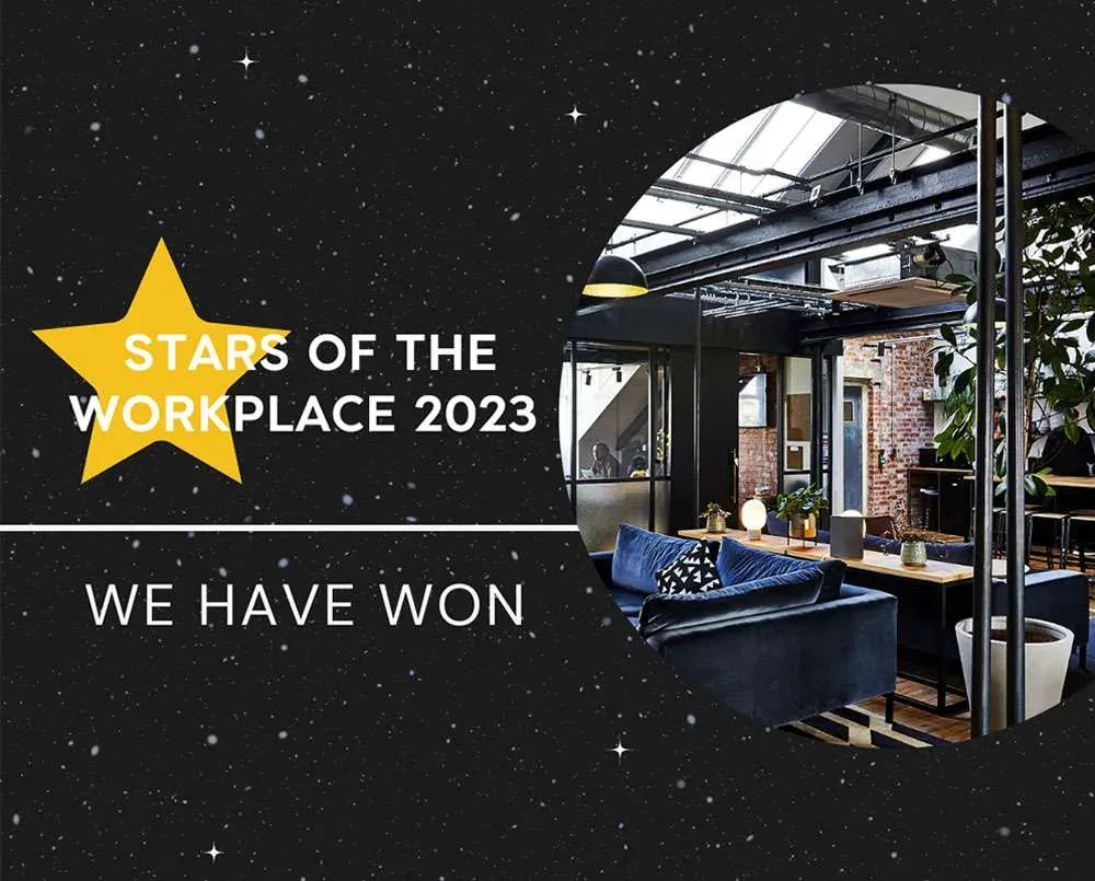 Stars of the Workplace 2023, we have won, a gold star beside a photograph of an office lounge.