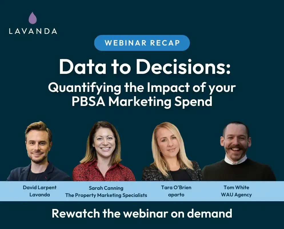 Webinar recap, Data to decisions: quantifying the impact of your PBSA marketing spend, with headshots of David Larpent of Lavanda, Sarah Canning of The Property Marketing Specialists, Tara O'Brien of aparto and Tom White of WAU Agency.